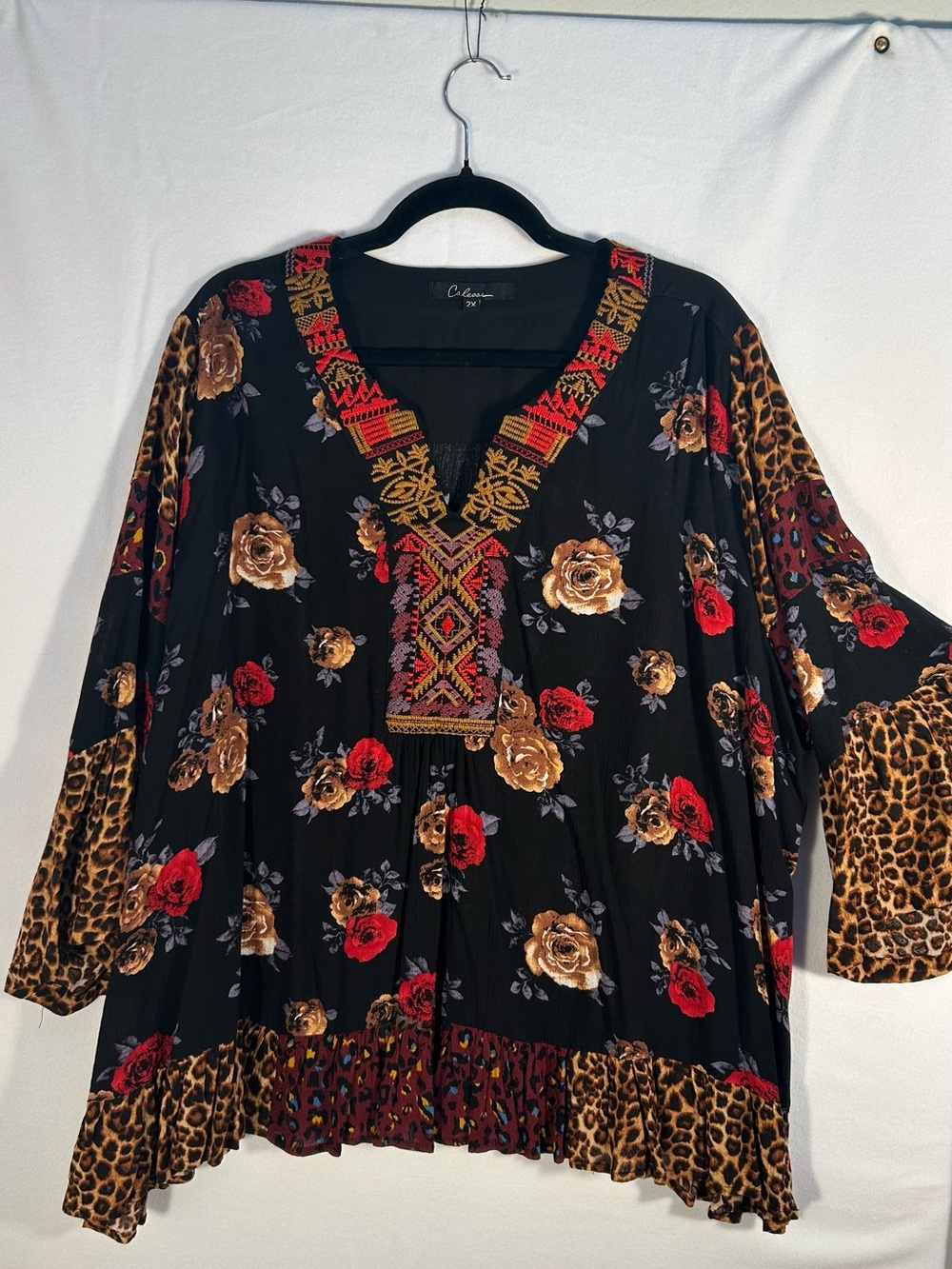 Carmen Black Floral & Leopard-Trim Embroidered V-Neck Tunic